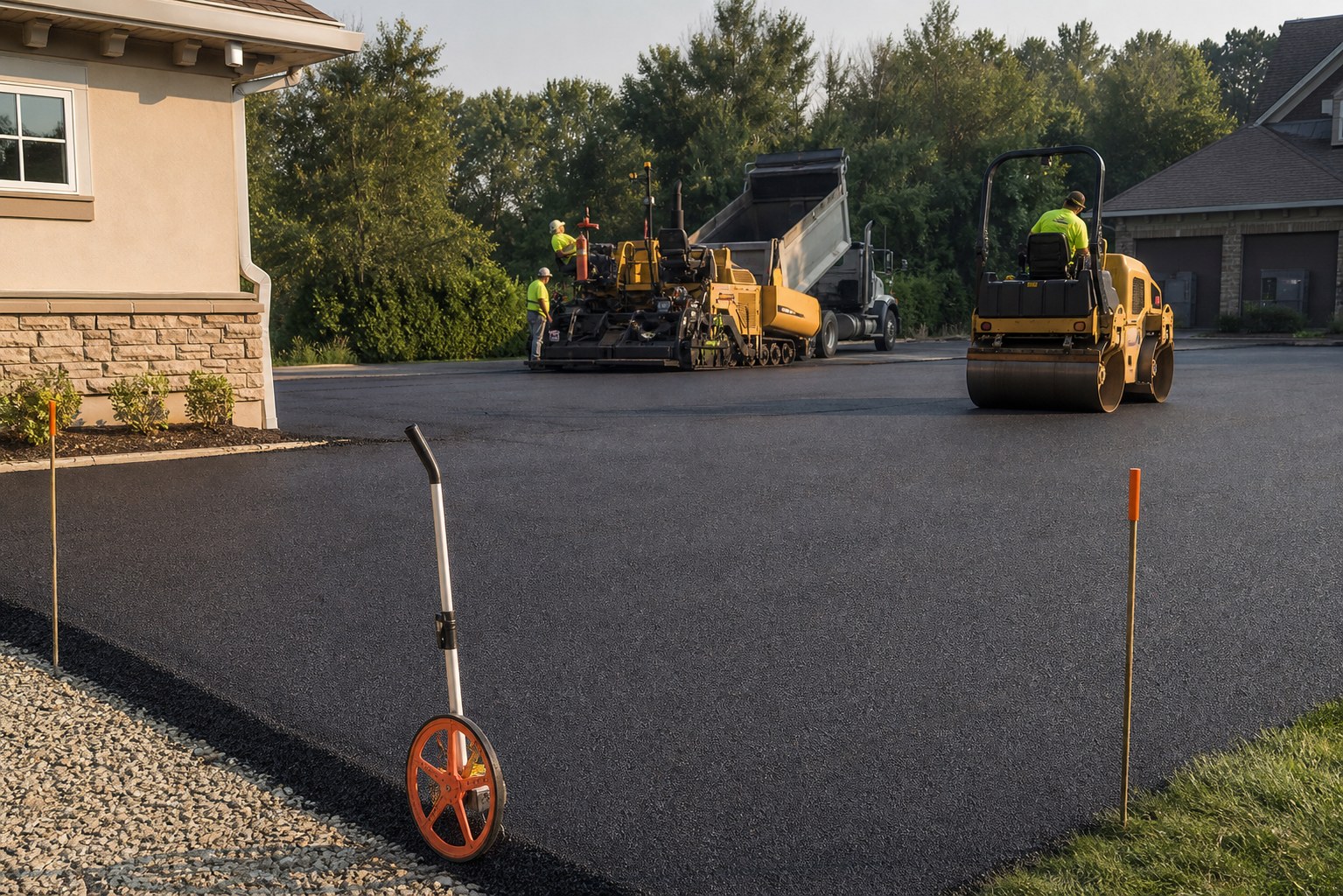 Fresh asphalt driveway being paved and compacted with a paver, roller, measuring wheel, and layout stakes