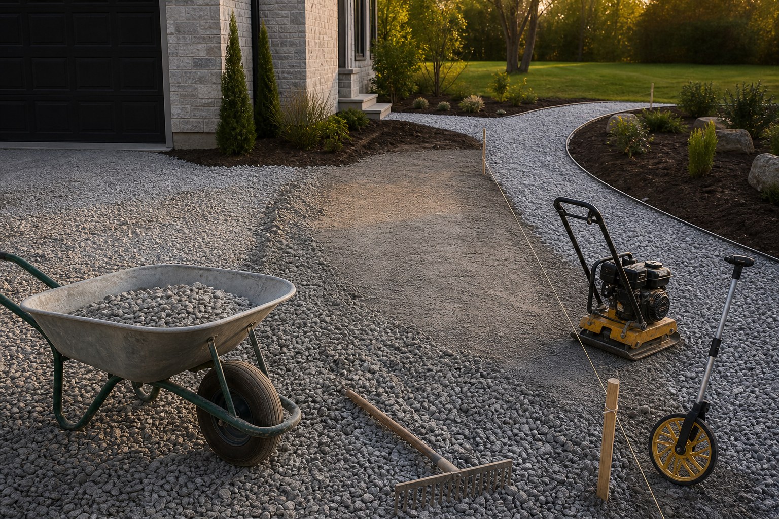Measured gravel driveway project with crushed stone, compacted layers, a wheelbarrow, rake, and survey stakes