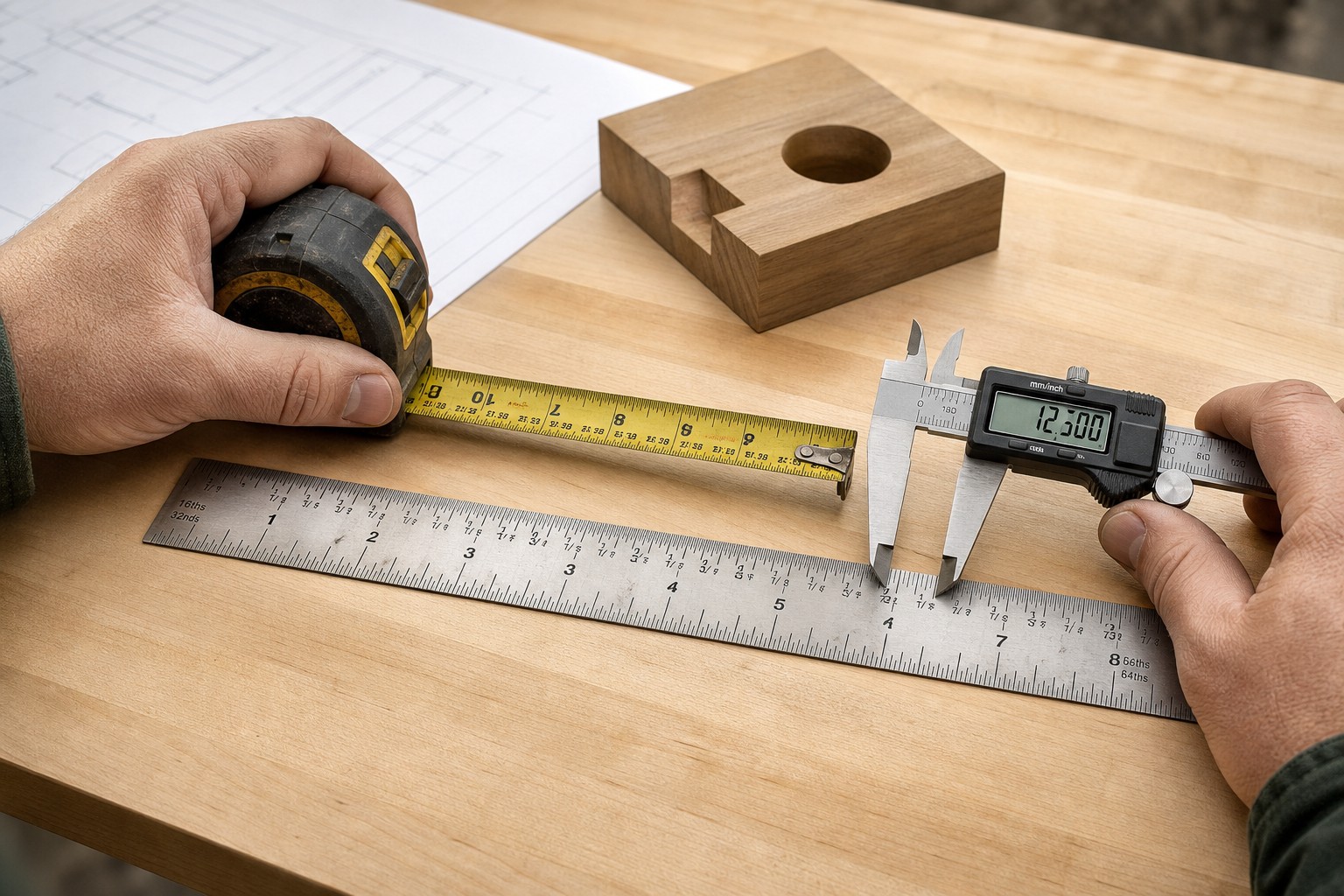 A craftsperson comparing fractional inch marks with a digital caliper for decimal conversion.
