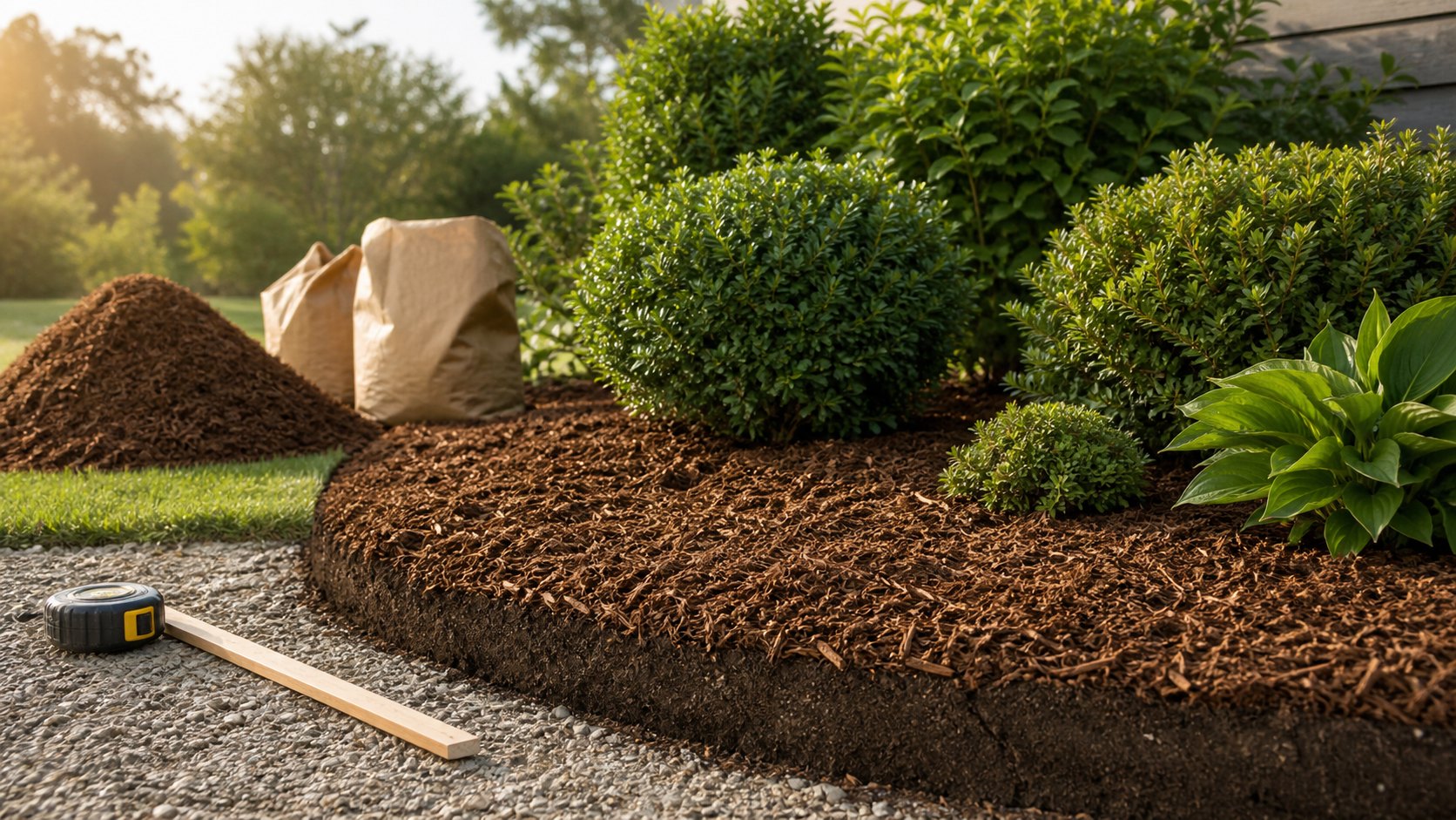 Measured garden bed with an even mulch layer, bulk mulch pile, plain packages, measuring stick, and tape measure