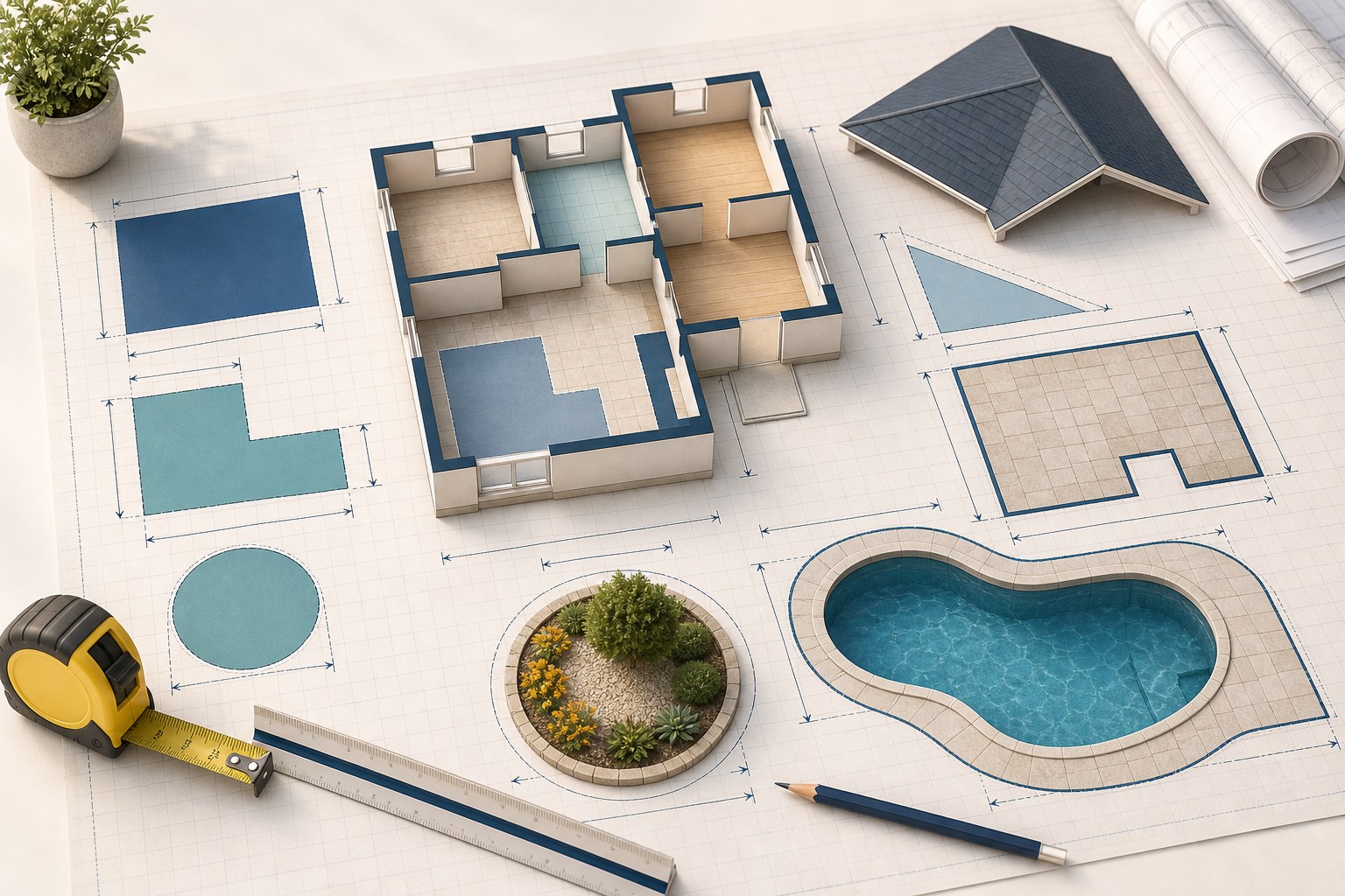 Architectural planning scene with room, roof, patio, garden, pool, and geometric area sections being measured