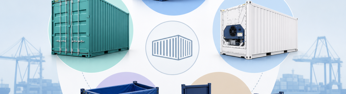 Tipos de contenedor: dry, high cube, reefer, open top y flat rack