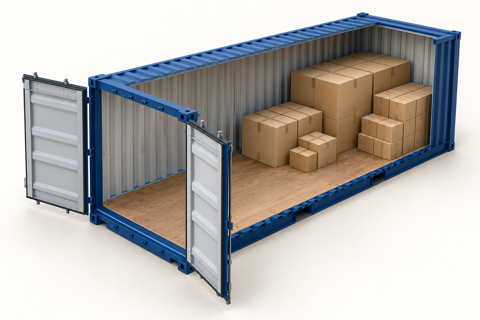 AI-generated cutaway illustration of a blue 20ft dry container with open doors and cartons inside