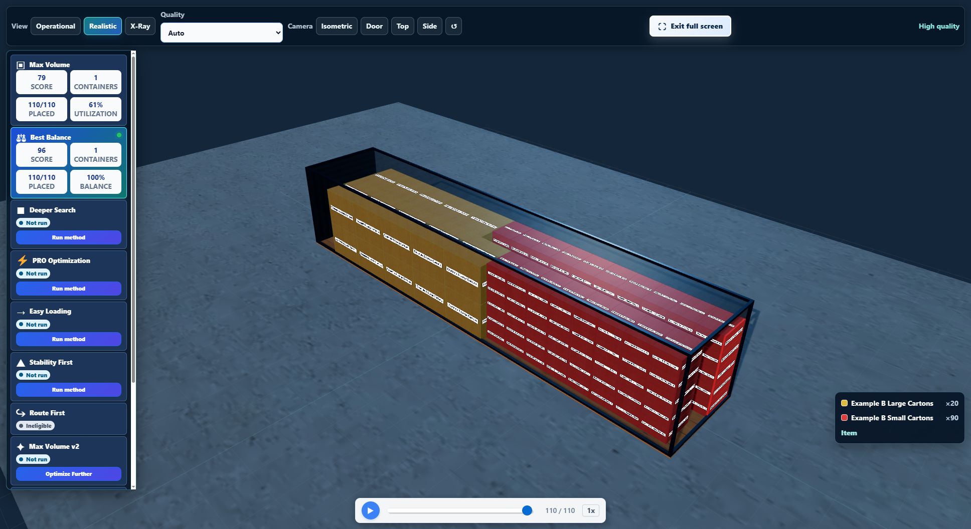Real CBM3 40DC loading simulation showing 90 small cartons and 20 large cartons placed in one container with Best Balance selected