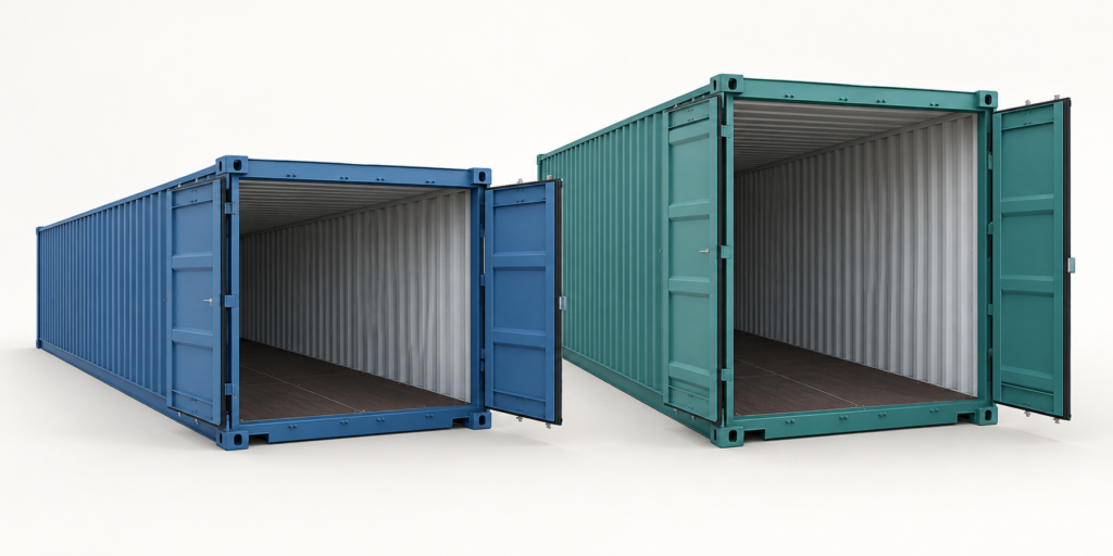 AI-generated comparison of an empty blue standard-height container and an empty teal high-cube container with open rear doors
