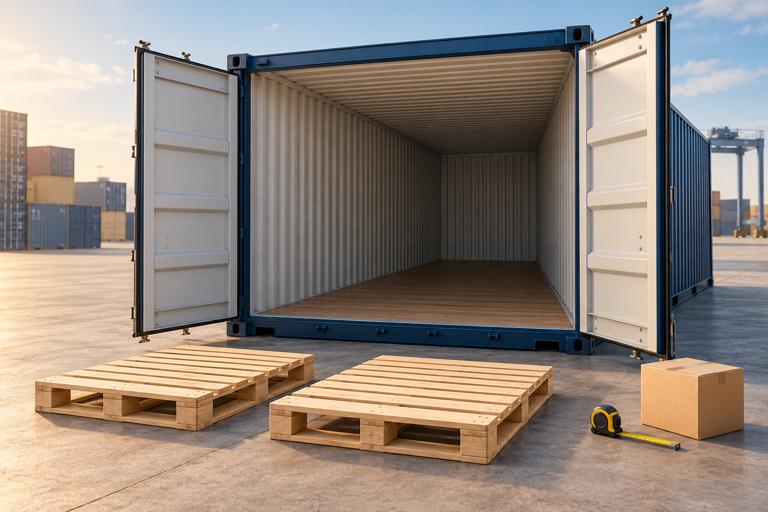 AI-generated conceptual view of an empty high-cube container and two unloaded pallets outside the door, accompanying the 45HC guide