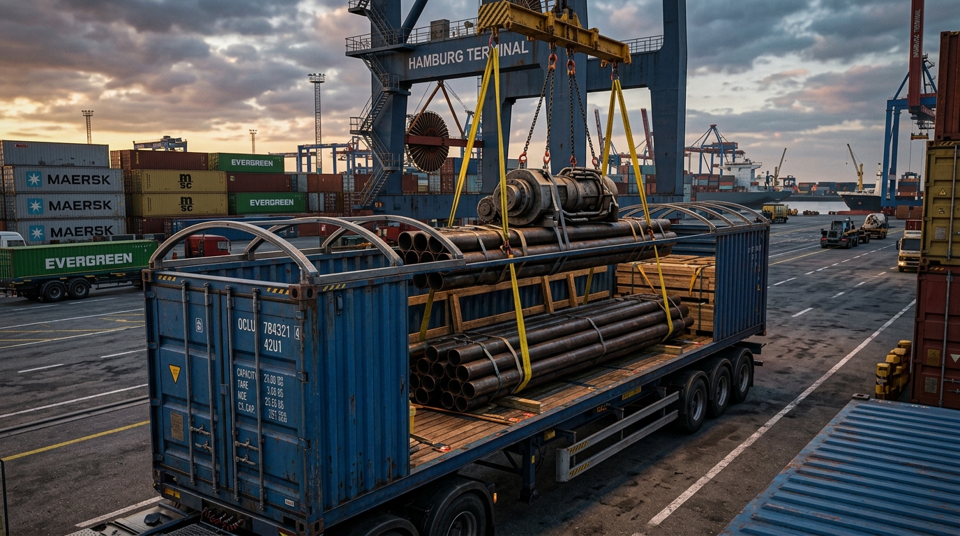 40' Open Top container dimensions and heavy machinery top-loading diagram