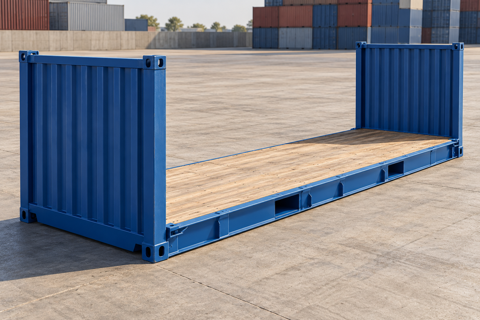 AI-generated conceptual view of an empty flat-rack container with upright end walls and open long sides, accompanying the 40FR planning guide