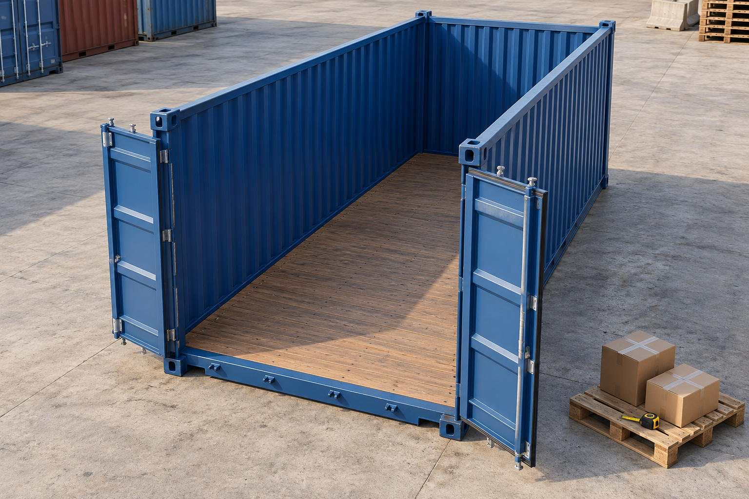 AI-generated conceptual view of an empty open-top container with cartons on a pallet outside, accompanying the 40OTHC planning guide