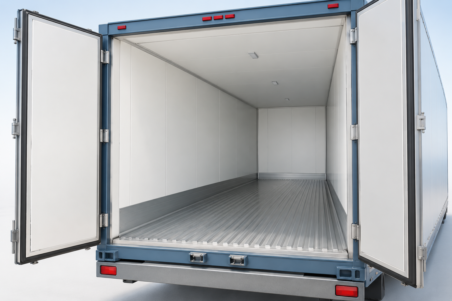 AI-generated conceptual view of an empty generic insulated cargo interior with rear doors open, accompanying the 53RFT planning guide
