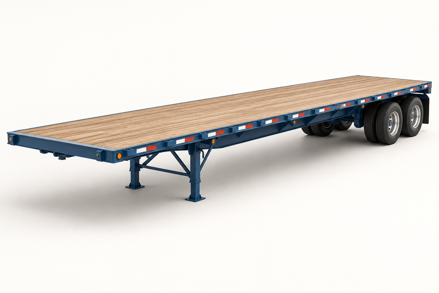 AI-generated illustration of an empty blue flatbed trailer with one continuous loading deck
