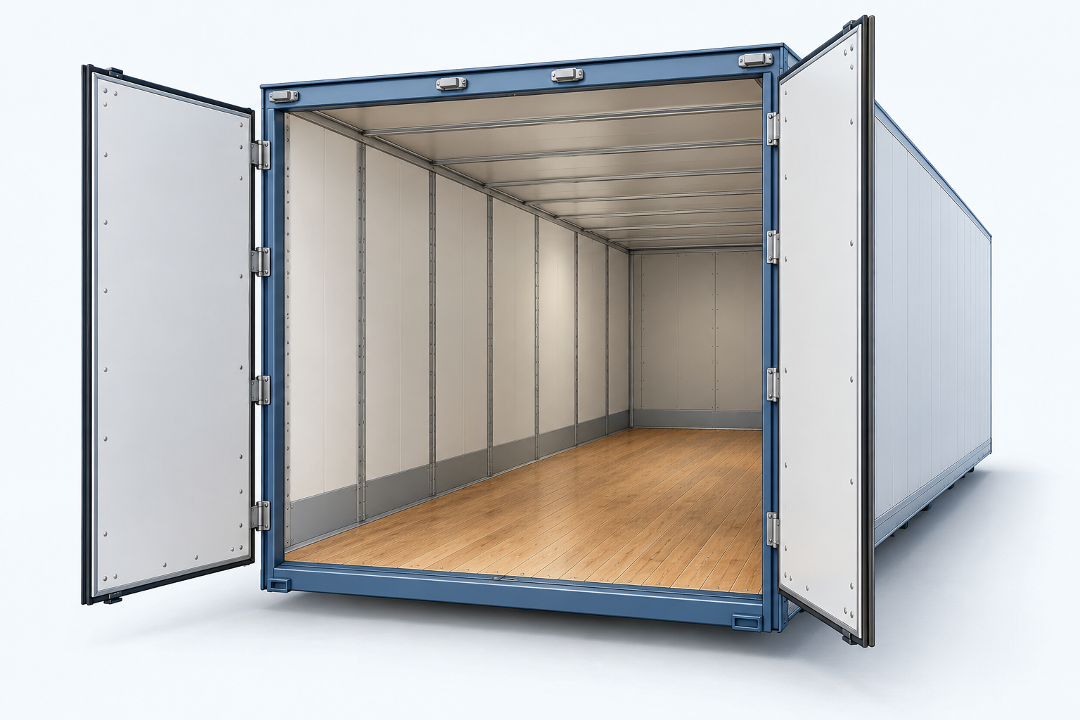 AI-generated conceptual view of an empty generic enclosed cargo interior with rear doors open, accompanying the MEGA_TRAILER planning guide