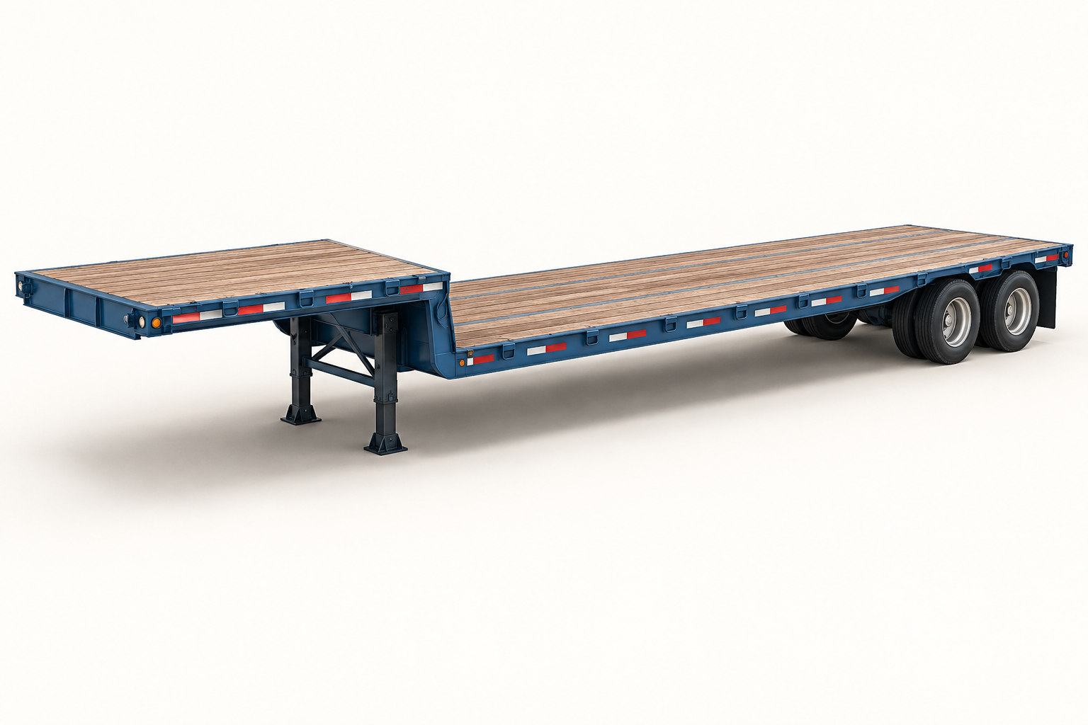 AI-generated illustration of an empty blue single-drop step-deck trailer with raised front and lower rear platform