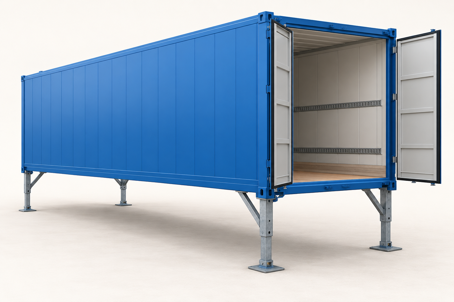 AI-generated illustration of a blue dry swap body standing on four legs with rear doors open