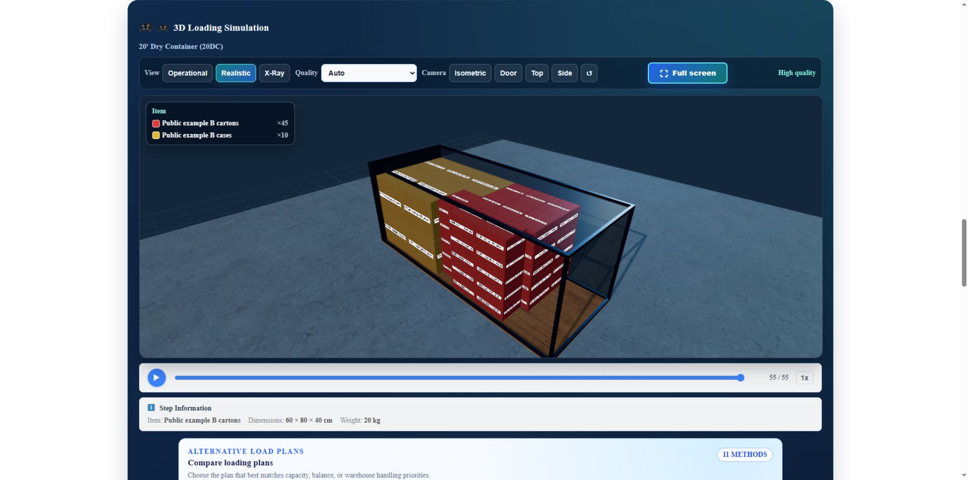 Actual CBM3 screen for the worked example showing the 20DC cutaway, 45 cartons, 10 cases and 55 of 55 placed