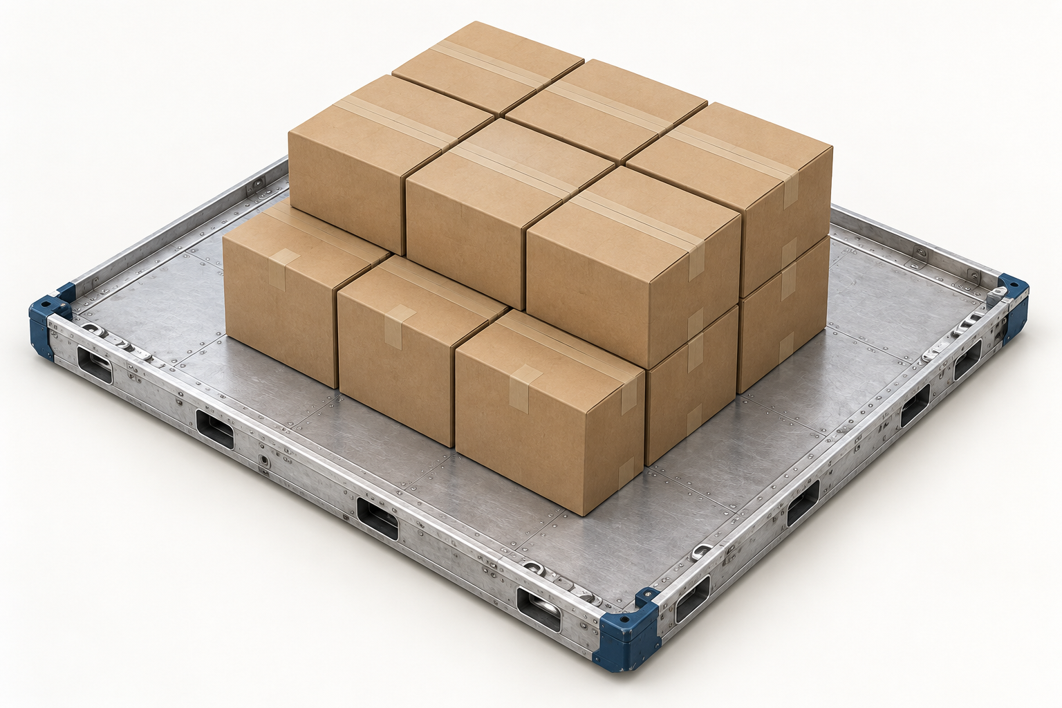 AI illustration of cartons on a generic thin metal air-cargo pallet with a clear edge border