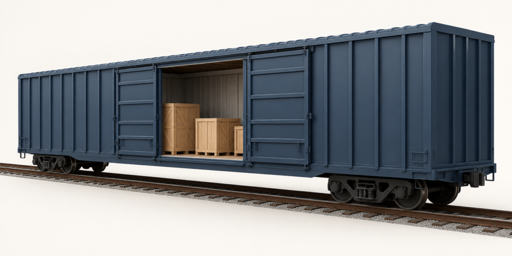 AI illustration of a generic freight boxcar with an open side doorway and upright crates
