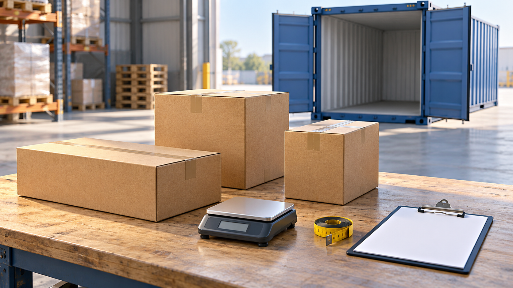 AI-generated illustration of three differently sized packed cartons, a scale, tape measure and blank checklist beside an empty container