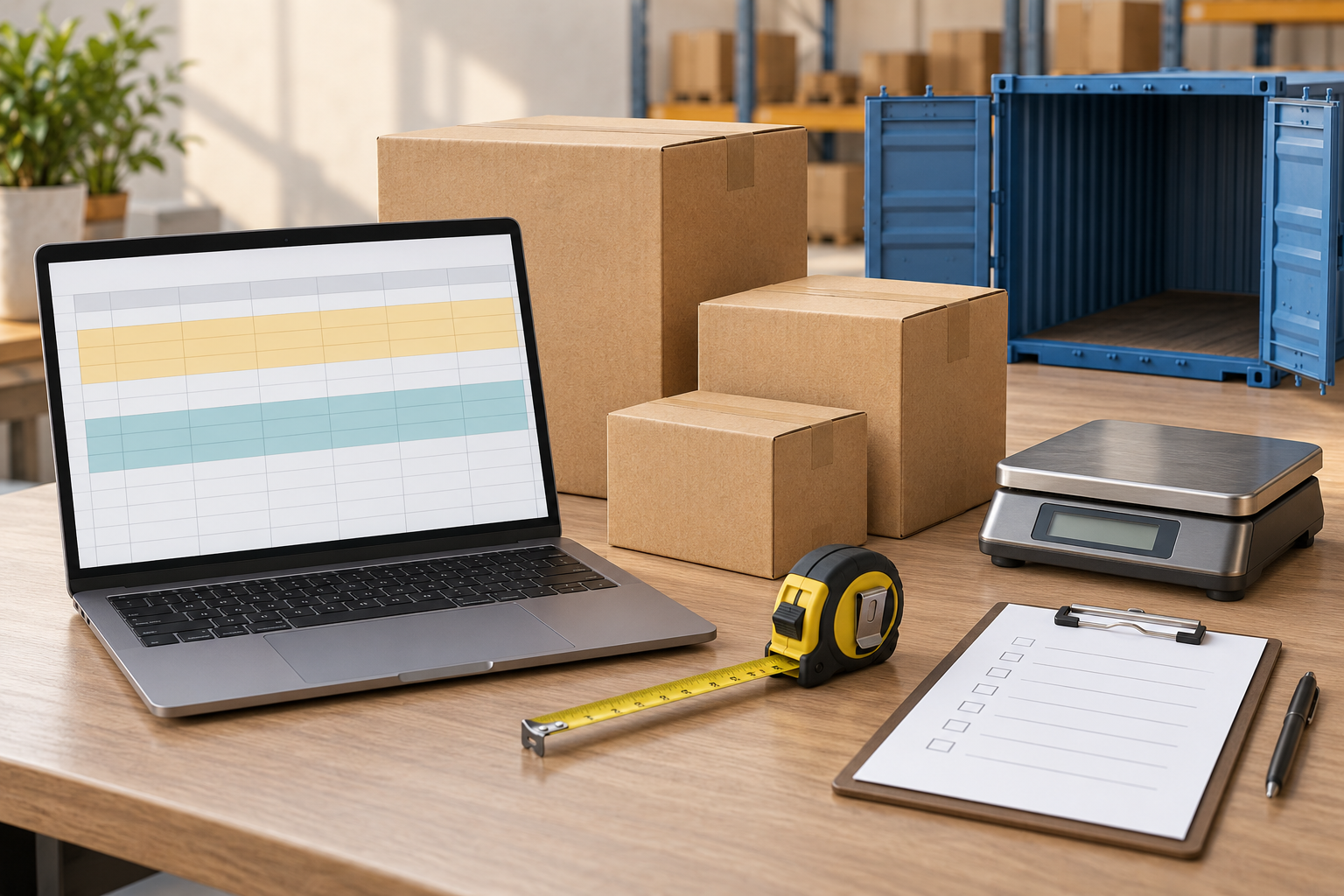 AI illustration of a blank spreadsheet grid, cartons, a measuring tape and scale on a cargo planning desk.