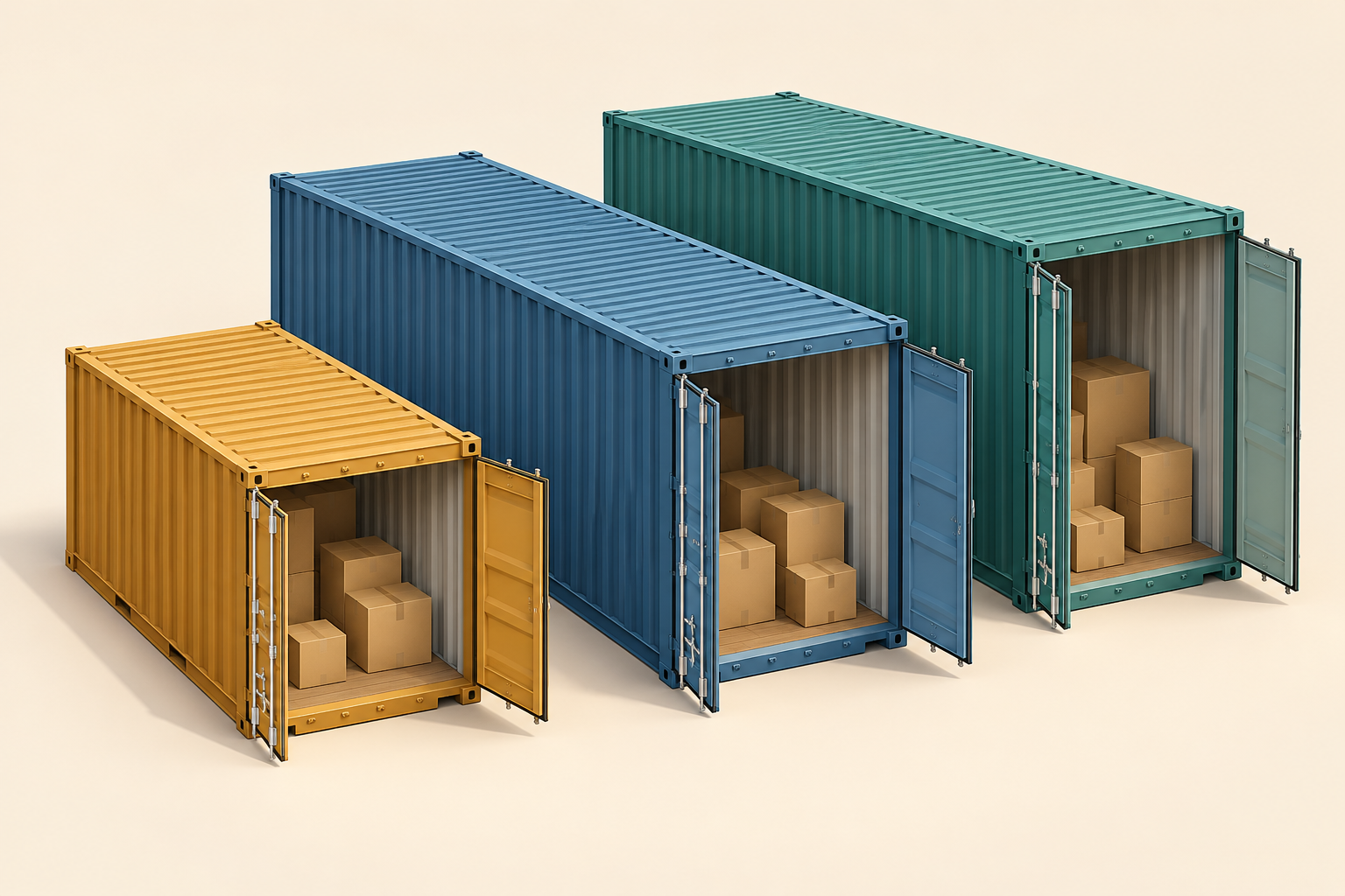 AI illustration comparing a short dry container, a long standard container and a taller high-cube container with cartons inside.