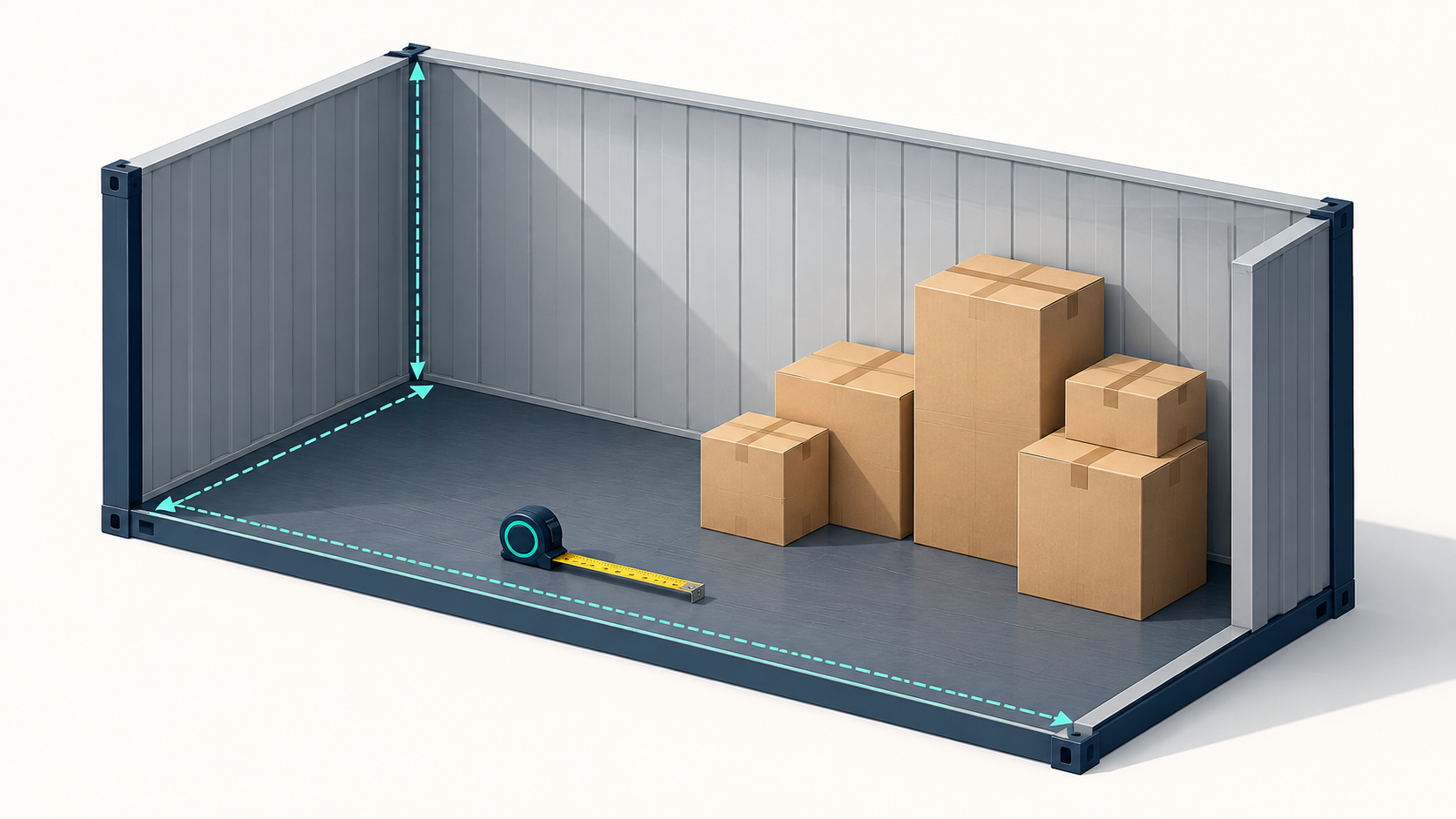 AI illustration of a rectangular cargo compartment, cartons and a measuring tape