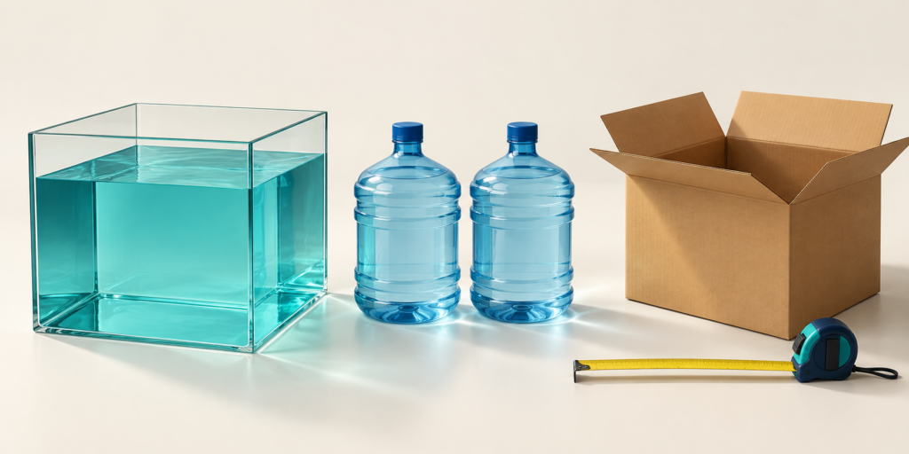 Conceptual liquid-volume vessel, water jugs and shipping carton