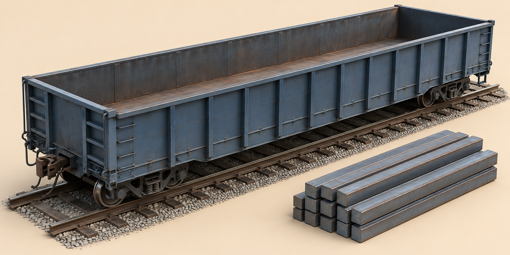 AI illustration of an empty generic mill gondola and staged steel bundles