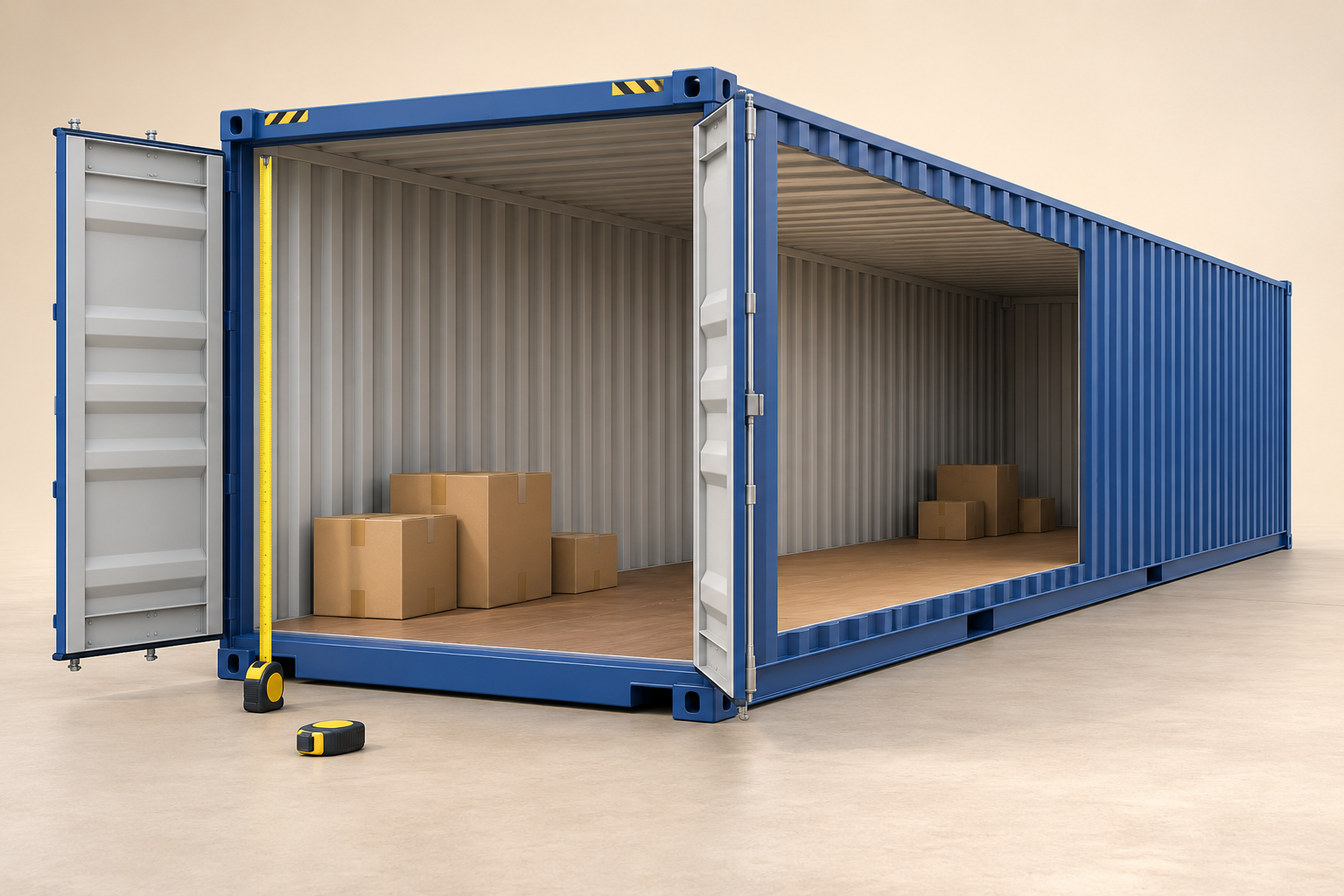 AI illustration of an open high-cube container with a cutaway side, cartons and measuring tapes beside the doorway.