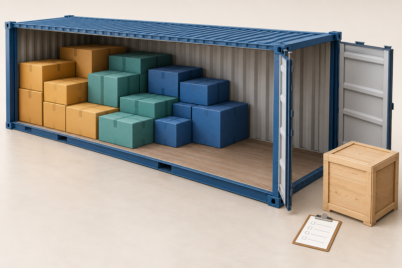 AI illustration of coloured carton groups in a cutaway container with a separate crate and checklist outside.