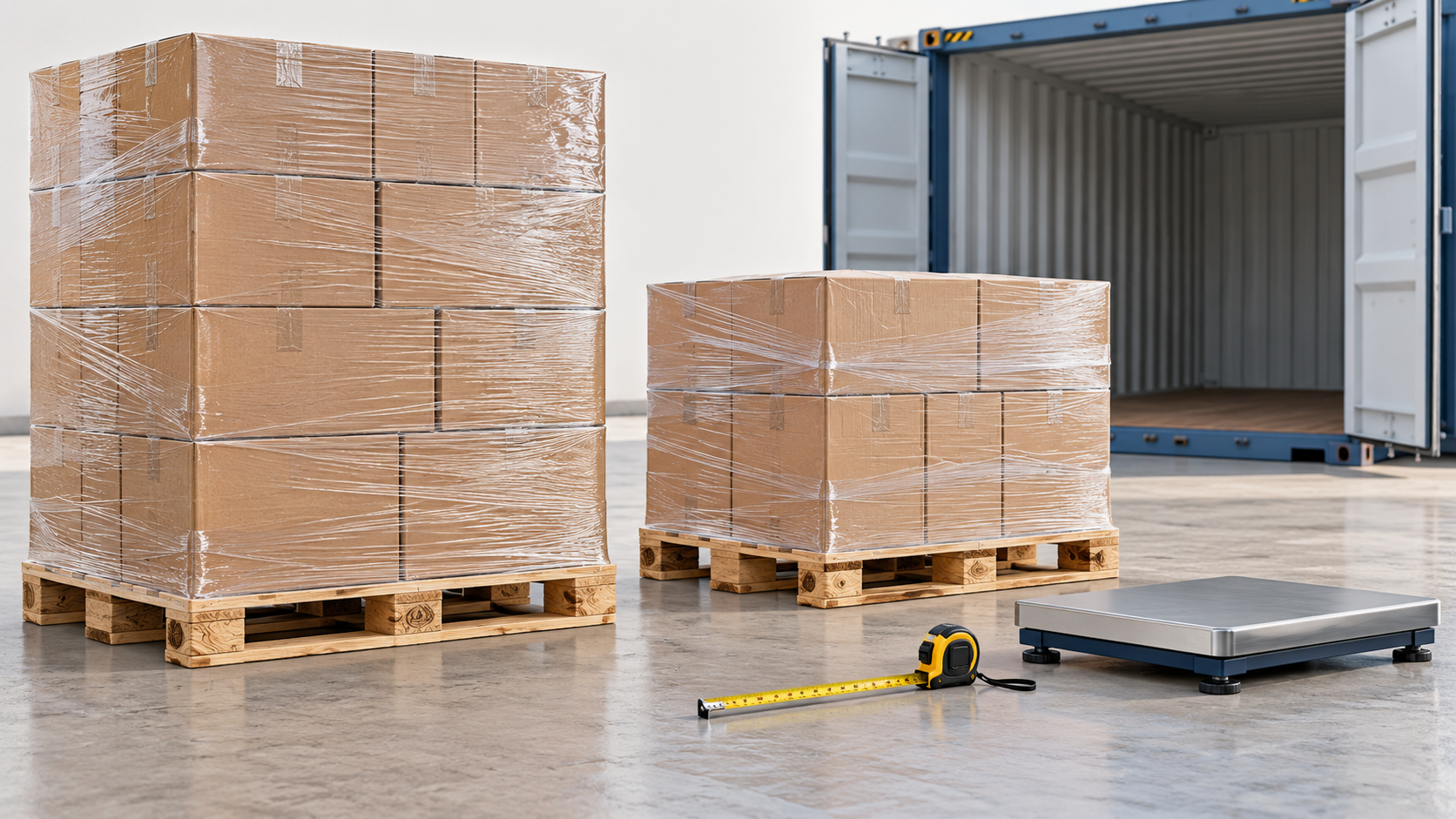 AI illustration of a taller and a shorter wrapped pallet, with measuring tape and scale beside an empty container.