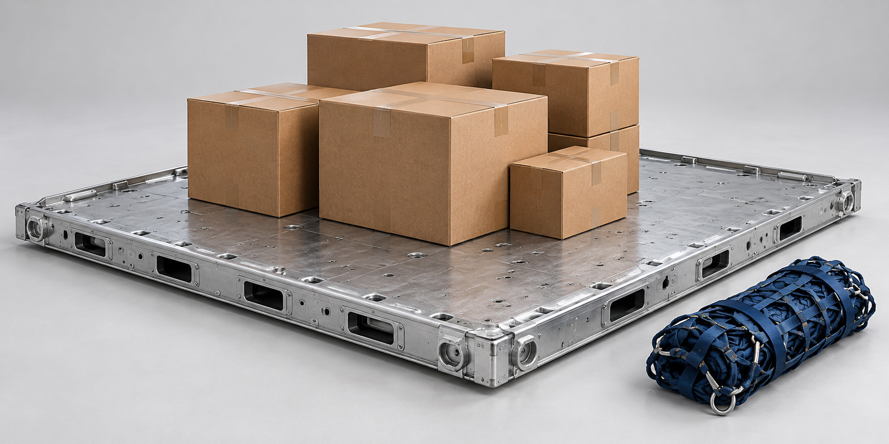 AI illustration of cartons on a generic air pallet with an uninstalled net beside it