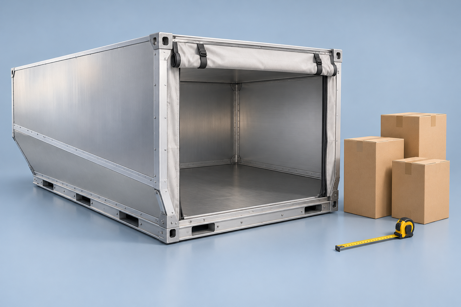 AI illustration of a generic contoured air-cargo container, cartons and measuring tape